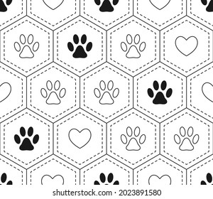 Fondo de patrón sin brillo con corazones y huellas de mascota de casa en cuadrícula hexagonal geométrica. Blanco y negro. Vector.