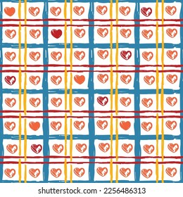 Seamless pattern. Background. Hearts on a checkered background. Hand drawing for valentine's day
