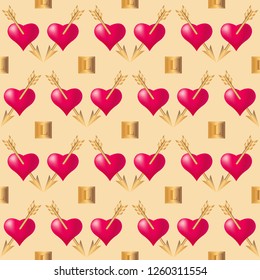 Seamless pattern background with hearts pierced by golden arrows. Valentines Day holidays typography. Vector EPS10.