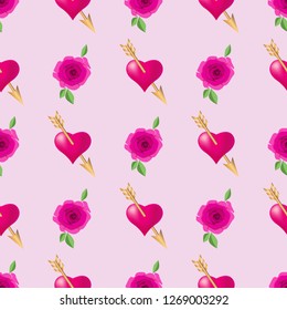 Seamless pattern background with hearts pierced by golden arrows and roses. Valentines Day holidays typography. Vector EPS10.