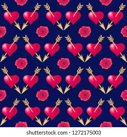 Seamless pattern background with hearts pierced by golden arrows and roses. Valentines Day holidays typography. Vector EPS10.