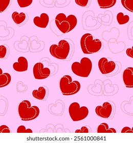 A seamless pattern background with hearts in pink and red tones designed for Valentine's Day or romantic occasions. A heart shaped decorated with dotted hearts.