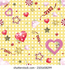 Seamless pattern  background with hearts and stars. Vector illustration. Design wallpaper, fabrics, postal packaging.