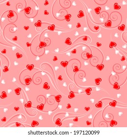 Seamless pattern background with hearts and tendrils in red colors