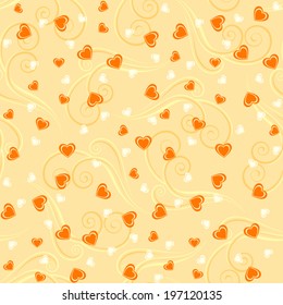 Seamless pattern background with hearts and tendrils in yellow colors