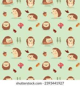 Seamless pattern background with hedgehog and autumn elements
