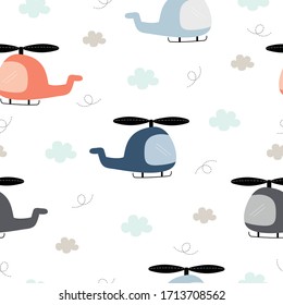 Seamless pattern The background of the helicopter floating in the sky and with clouds Cute patterns for children Use in publication, wrapping paper, wallpaper, textile, fabric Vector illustration