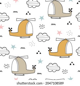 Seamless pattern The background of the helicopter floating in the sky and with clouds Cute pattern for children Use in publication, wrapping paper, wallpaper, textile, fabric Vector illustration