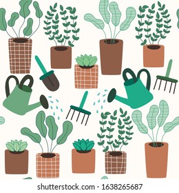 Seamless pattern background, home gardening concept, hand drawn illustration in simple flat scandinavian style, vector design