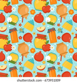 Seamless pattern background with honey, apple and pomegranate. Rosh hashana jewish holiday concept