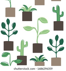 Seamless pattern background with house plants in the pot, hand drawn illustration in simple flat scandinavian style, vector design