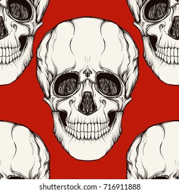 Seamless pattern, background with human skull. Stock line vector