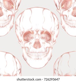 Seamless pattern, background with human skull in rose gold colors.