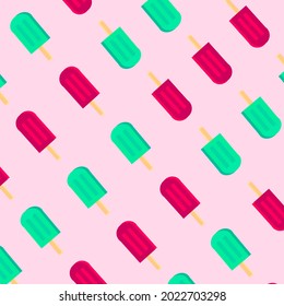 seamless pattern background ice cream stick illustration red and green graphics on a pastel pink background, shirt pattern