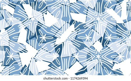 Seamless pattern with a background of ice shards and a foreground of snowflakes.