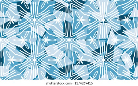 Seamless pattern with a background of ice shards and a foreground of snowflakes.