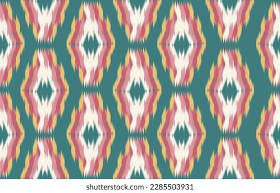 Seamless pattern background of ikat fabric illustration. Ethnic abstract art in dark green tone 