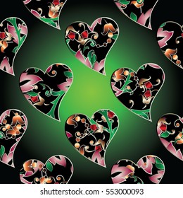 Seamless pattern background illustration with floral abstract love hearts. Vintage vector flowers and leaves. green backdrop. Fabric love pattern texture.