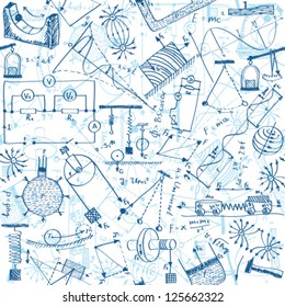 Seamless pattern background - illustration of physics drawings, doodle style