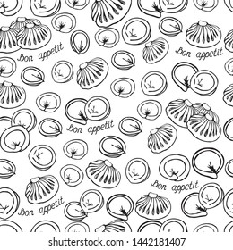 Seamless pattern, background with the image of food, dumplings. Lettering: Bon appetit. Black and white, monochrome graphics. Packaging, wrapper. For the menu of cafe, restaurant, dumplings.