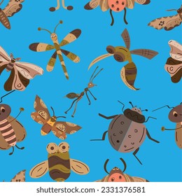 Seamless pattern background with insect sketch characters Vector