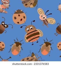 Seamless pattern background with insect sketch characters Vector
