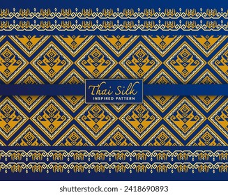 Seamless pattern background. Inspired by traditional Northern Thai silk pattern. Colored in Navy Blue and Gold.