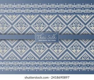 Seamless pattern background. Inspired by traditional Northern Thai silk pattern. Colored in silver blue and grey.
