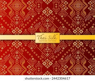 Seamless pattern background. Inspired by traditional Northern Thai silk pattern. Colored in Red and Gold.