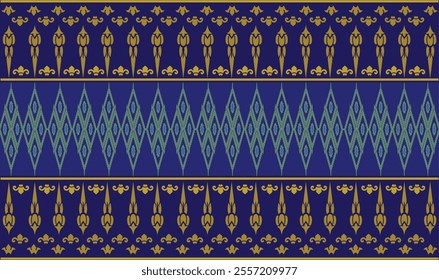 Seamless pattern background. Inspired by traditional Northern Thai silk pattern. Colored in Navy Blue and Gold.