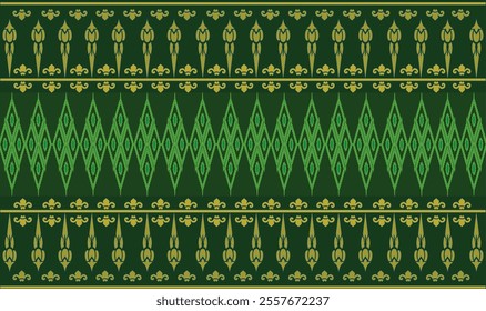 Seamless pattern background. Inspired by traditional Northern Thai silk pattern. Colored in Navy Green and Gold.