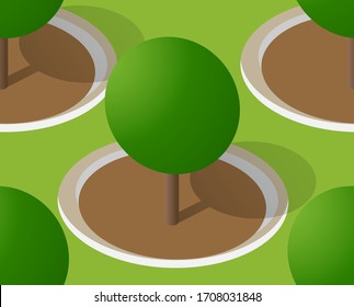 The seamless pattern is the background of the isometric forest park rural landscape with trees. Stock 3D illustration