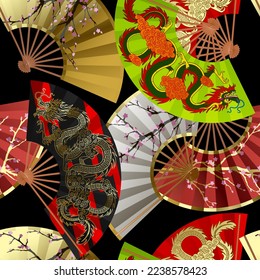 Seamless pattern background japanese and chinese colorful fans with a cherry blossom branch and dragon on black