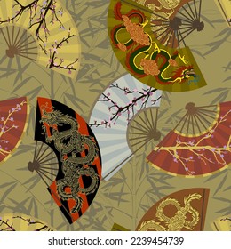 Seamless pattern background japanese and chinese fans with bamboo stem with leaves. Vector illustration
