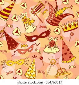 Seamless pattern background for Jewish holiday Purim: carnival masks and hats, holiday gifts, candy and  traditional  cookies. Vector illustration. 