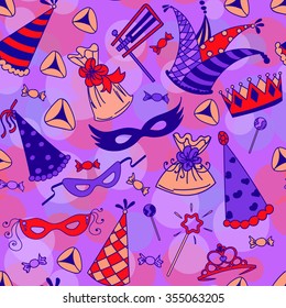 Seamless pattern background for Jewish holiday Purim: carnival masks and hats, holiday gifts, candy and  traditional  cookies.  Vector illustration. 
