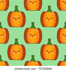 Seamless pattern background with kawaii style pumpkins on green background. Flat design Vector Illustration EPS