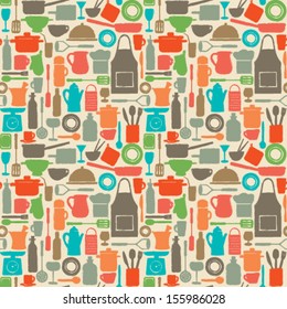 Seamless pattern background with kitchen silhouette icons 