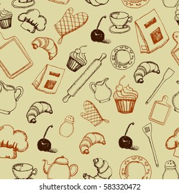 Seamless pattern background with kitchenware. Vintage pattern.