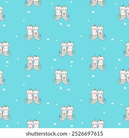 Seamless pattern background kitty cat tweens unicorn on blue. Doodle cartoon style, vector illustration