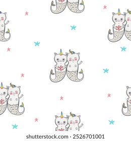 Seamless pattern background kitty cat twins unicorn on white. Doodle cartoon style, vector illustration