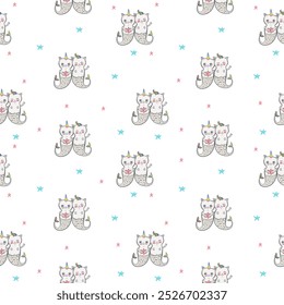 Seamless pattern background kitty cat twins unicorn on white. Doodle cartoon style, vector illustration