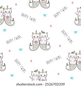 Seamless pattern background kitty cat twins unicorn on white. Doodle cartoon style, vector illustration