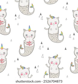 Seamless pattern background kitty cat tweens unicorn on white. Doodle cartoon style, vector illustration