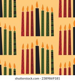 Seamless pattern background for Kwanzaa, print with hand drawn kinara seven candles decorated with ethnic ornament. African American heritage holiday. Vector background.