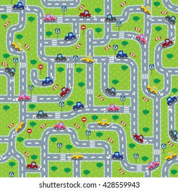 Seamless pattern or background or labyrinth with roads, cars and traffic signs. Children vector illustration.