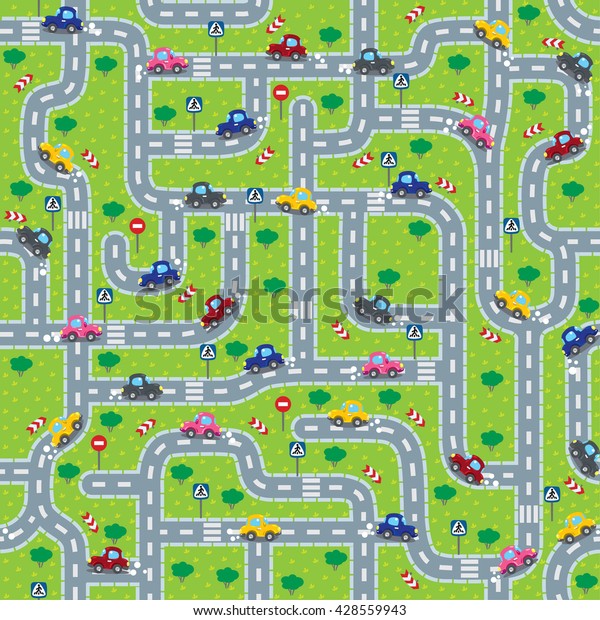 Seamless pattern or\
background or labyrinth with roads, cars and traffic signs.\
Children vector\
illustration.