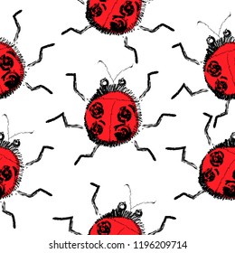 Seamless pattern background of ladybugs in doodle line style