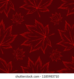Seamless pattern, background with leaf on dark red background. Hand drawn vector illustration.