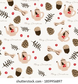 Seamless pattern background with Leaves, bowl, kettle, and dried pine cones